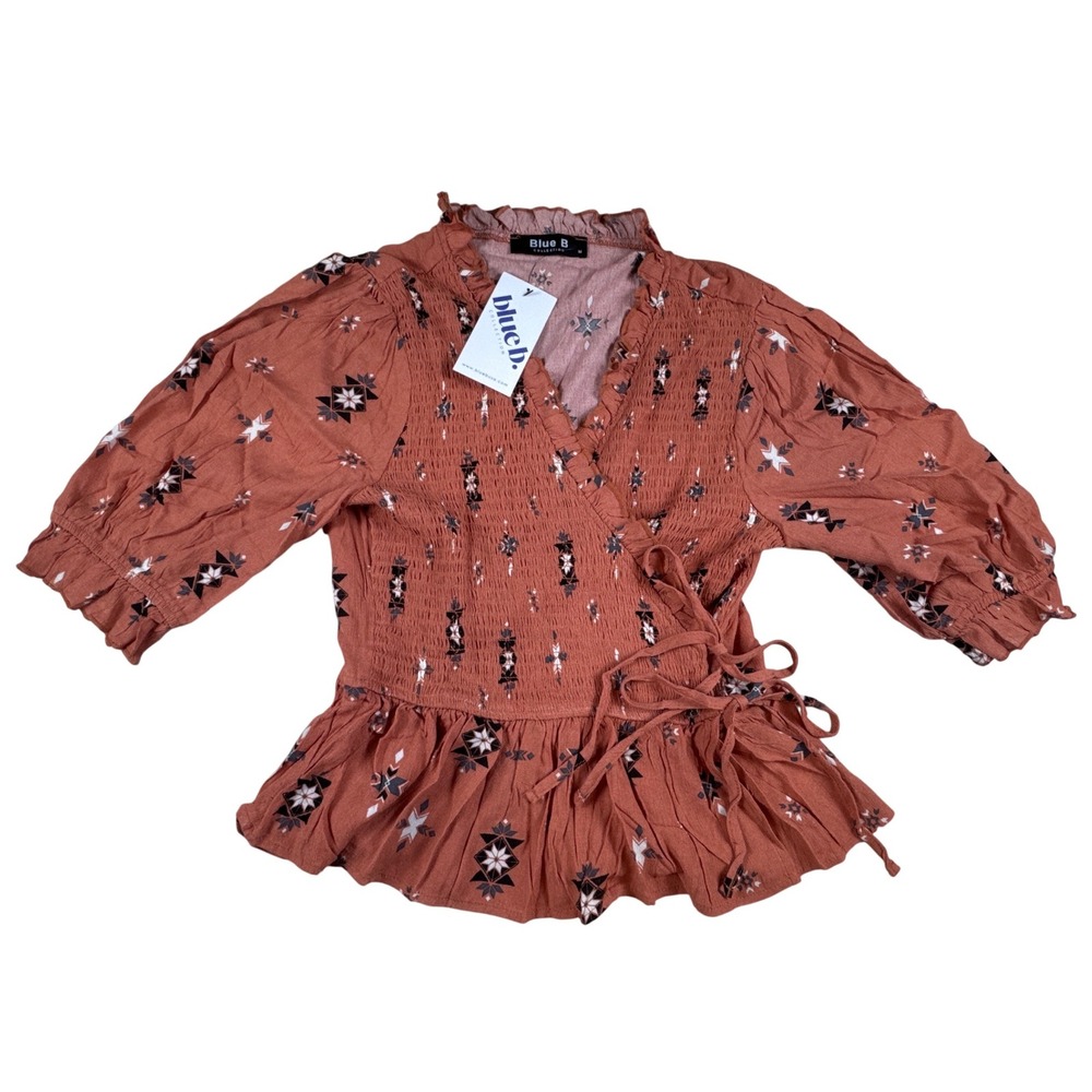 Blue B‎ Collection Wrap Top Ruffled Rust Geometric Print Women's Southwestern